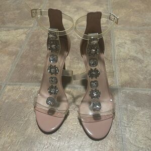 Pinky nude heels with clear jewel design and ankle strap size 8